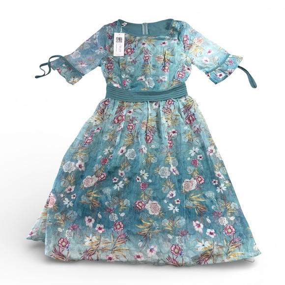 TangWeiLan Floral Chiffon Midi Dress Teal Blue NWT Marked XL Runs Small - Picture 1 of 12